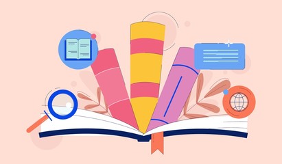 Poster - Cartoon colorful books knowledge base vector flat illustration. Abstract creative education information research infographic isolated on white background. Process of teaching and knowledge