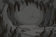 Cartoon Horror Cave Tunnel Landscape Vector Graphic Illustration. Darkness Mountain Scene With Stone Background. Dangerous Rock In Dark. Mysterious Natural Cliff Formation