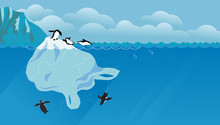 Penguins Sliding Down Giant Plastic Bag Iceberg And Diving Joyfully Underwater. Ocean Waste Concept, Saving Marine Life.