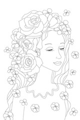 Fotomurales - charming calm girl with roses in her wavy long hair standing wit