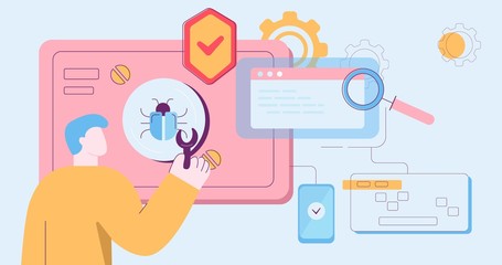 Poster - Cartoon colorful male protecting computer software from virus during bug detecting. Man antivirus hunter scanning and detection at device system found infection isolated on white background