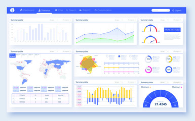 Wall Mural - Web dashboard, great design for any site purposes. Business infographic template. Vector flat illustration. Dashboard user admin panel template design. Analytics dashboard. Modern infographic. UI/UX