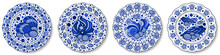 Porcelain Plates Painted In Chinese Style With Blue Nautical Pattern With Seashells, Design For Sea Food Table.  Isolated Objects, Vector Illustration.