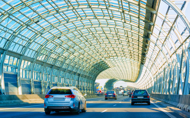 Sticker - Car in tunnel on highway road in Warsaw reflex