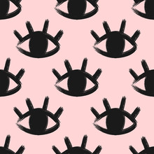 Simple Seamless Pattern With Open Eyes And Lashes Drawn By Hand With A Rough Brush. Sketch, Watercolour, Paint, Ink. Cute Vector Illustration.
