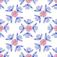 Wall Mural - Seamless floral pattern, doodle style, pencil drawing, blue-red flowers on a white background. Colour pencils.