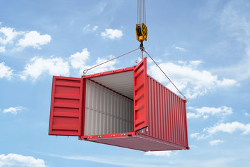 Poster - 3d rendering of open red shipping container suspended from crane against blue sky with white clouds.