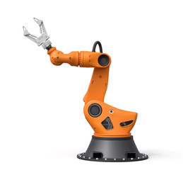 3d rendering of orange robotic arm with grey gripper standing on white background.