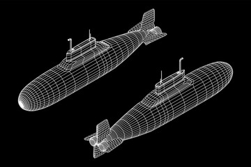 Wall Mural - Military atomic submarine underwater boat. Wireframe low poly mesh vector illustration