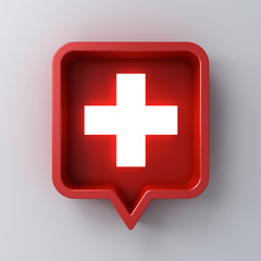Poster - Medical cross or neon light plus sign in red rounded square speech bubble pin isolated on white wall background with shadow 3D rendering