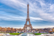 Paris Cityscape With The Eiffel Tower, Blue Sky, HDR Photography With Vivid Colors And Lots Of Detail And Definition