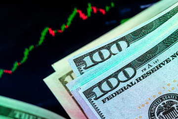 Dollars in front of a monitor with a price chart. Forex and trading. Close up.