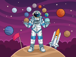 Poster - astronaut with rocket and planets in the space