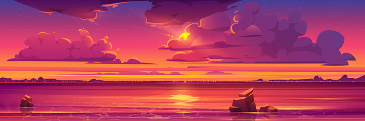 Wall Mural - Sunset in ocean, pink clouds in sky with shining sun above sea with rocks sticking up of water and city lights on opposite shore, nature landscape background, evening view. Cartoon vector illustration