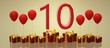 Birthday 10. 3D image Birthday. 10 years. Gifts and balls. 10th anniversary rotating card.