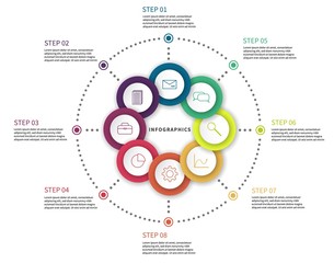 Workflow chart. Process diagram with steps, flow chart circle scheme with options and icons vector abstract business infographics template