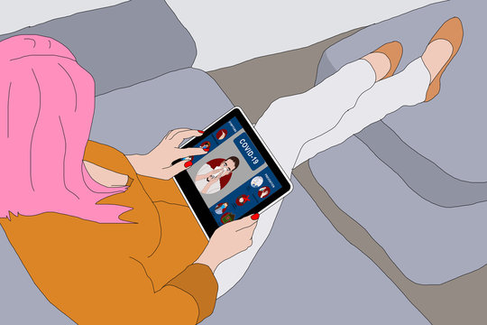 Lets stay home. Quarantine. A girl sits in a chair with a tablet computer in her hands. illustration.