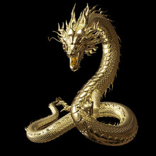 Full Body Gold Dragon In Smart Pose With 3d Rendering Include Alpha Clipping Path.