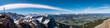Bergpanorama Allgäuer Alpen vom Nebelhorn über die Nagelfluhkette und die Dörfer von Lengenwang bis Sonthofen gesehen vom Entschenkopf
