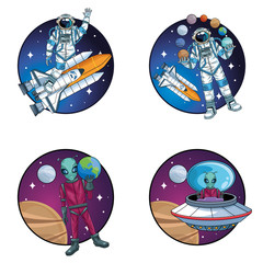 Sticker - group of astronauts and aliens in the space characters