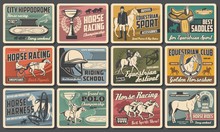 Racehorse And Jockey Retro Posters Of Horse Racing, Equestrian Sport, Riding Club And Polo Vector Design. Race Horses, Riders And Trophy Cups, Hippodrome, Saddle And Horseshoes, Whip, Mallet, Helmet