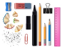 Stationery Realistic Design Of School And Office Supplies Vector Design. 3d Pencils, Eraser, Marker Pen And Sharpener, Plastic Ruler, Paper And Binder Clips With Pencil Shavings And Graphite