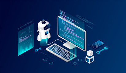 Isometric 3D Robotics Course Concept. Modern Robot Connected To Personal Computer. Possibility Of Control, Programming, Engeneering And Experimenting Of Education Project. Cartoon Vector Illustration