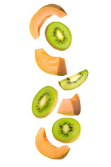 Wall Mural - Falling kiwi and melon isolated on white background.