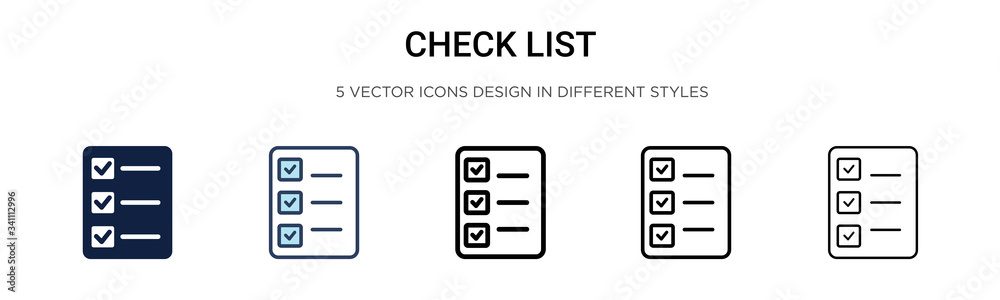 Check list icon in filled, thin line, outline and stroke style. Vector illustration of two colored and black check list vector icons designs can be used for mobile, ui, - obrazy, fototapety, plakaty 