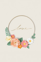 Wall Mural - Paper craft flowers with gold hoop mockup