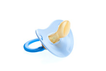 A Blue Pacifier Made Of Soft Silicone  Isolated On White Background Side View, Nobody.