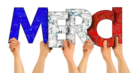 people holding up colorful red blue france flag wooden letter with french word merci ( english translation: thank you ) isolated white background.  thankful grateful respect rewarding concept