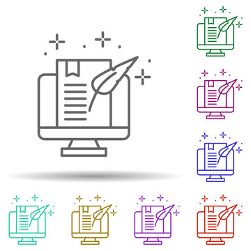 Monitor feather text multi color icon. Simple thin line, outline vector of copywriting icons for ui and ux, website or mobile application