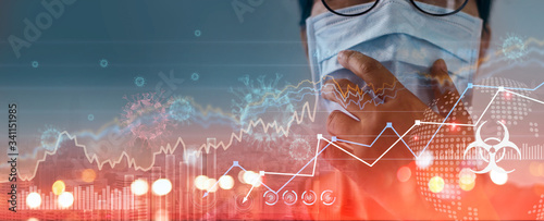 Cuadros en Lienzo Businessman with mask, Analysis corona virus economic impact, crisis and economic and financial conditions in the global due sinks stock exchanges, Effects of outbreak and pandemic covid-19
