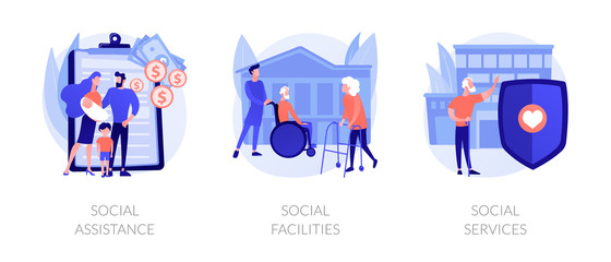Wall Mural - Caregiving and welfare services metaphors. Social assistance and facilities, nursery home caretakers, disability rehabilitation clinic abstract concept vector illustration set.