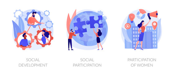 Wall Mural - Social engagement metaphors. Participation in society, community involvement, social group. Participation of women. Norms of behaviour abstract concept vector illustration set.