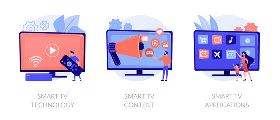 Sticker - Modern television technology metaphors set. Smart TV, content, applications. Network connected interactive device. Internet TV, broadcasting media. Vector isolated concept metaphor illustrations