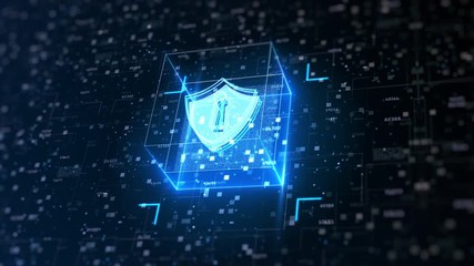 Poster - hi tech shield of cyber security. digital data network protection. high-speed connection data analys