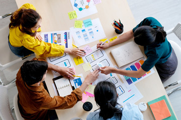 Wall Mural - brainstorm planing creative asian teamwork, group of asia mobile phone app developer team meeting fo