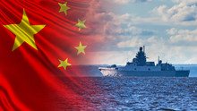 Border Boat On The Background Of The Flag Of China. Naval Forces Of China. Protection Of The Water Borders Of The Republic Of China. Border Troops In The Chinese Army.