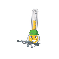 Poster - A cartoon picture of warm thermometer in Army style with machine gun