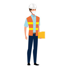 Sticker - man engineer with vest using face mask isolated icon vector illustration design