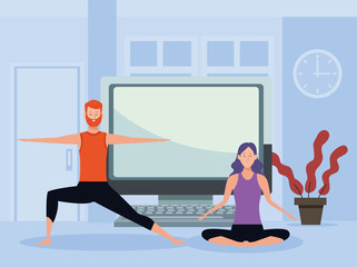 Canvas Print - couple practicing online exercise and yoga for quarantine