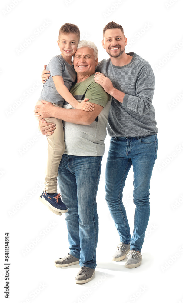 Man with his father and son on white background