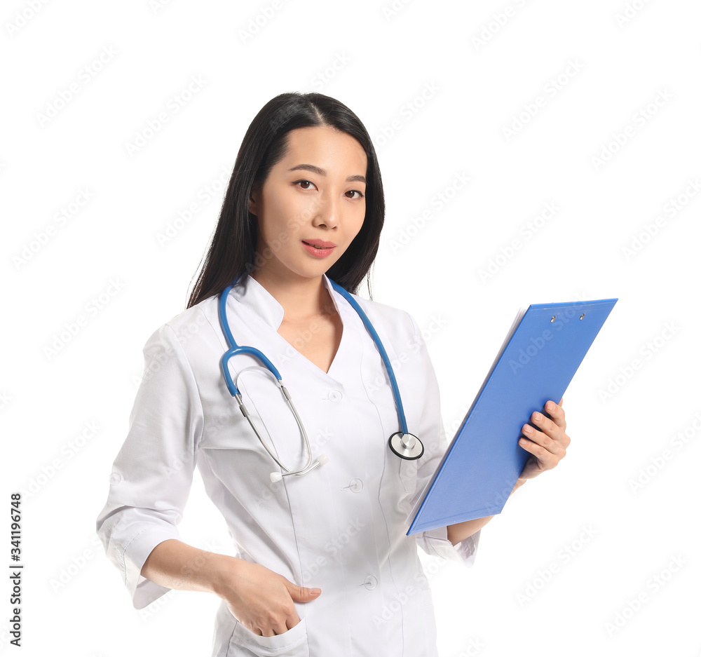Female Asian doctor on white background