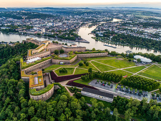 Wall Mural - Aerial View of Ehrenbreitstein fortress and Koblenz City in Germany during sunset