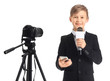 © Pixel-Shot - Little journalist with microphone, mobile phone and camera on white background