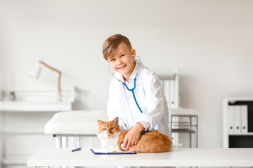 Poster - Little veterinarian examining cute cat in clinic