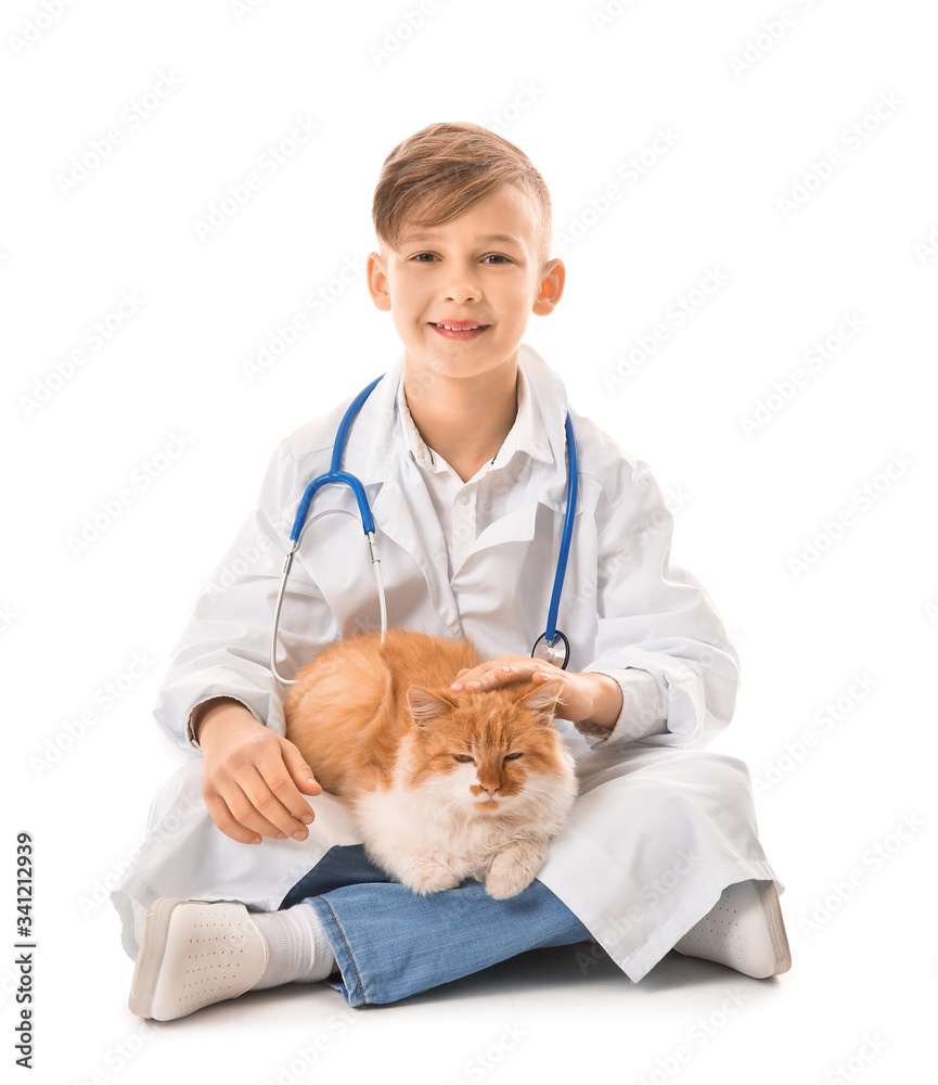 Little veterinarian with cute cat on white background