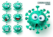 Covid19 Ncov Emojis Vector Set. Corona Virus Covid19 Emojis And Emoticons With Scary And Angry Facial Expressions For Viral Global Pandemic. Vector Illustration.
